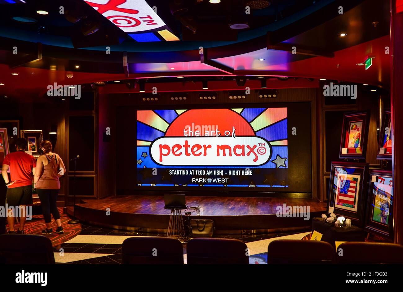Peter Max, Park West Exhibition à bord du bateau de croisière norvégien Bliss. Banque D'Images