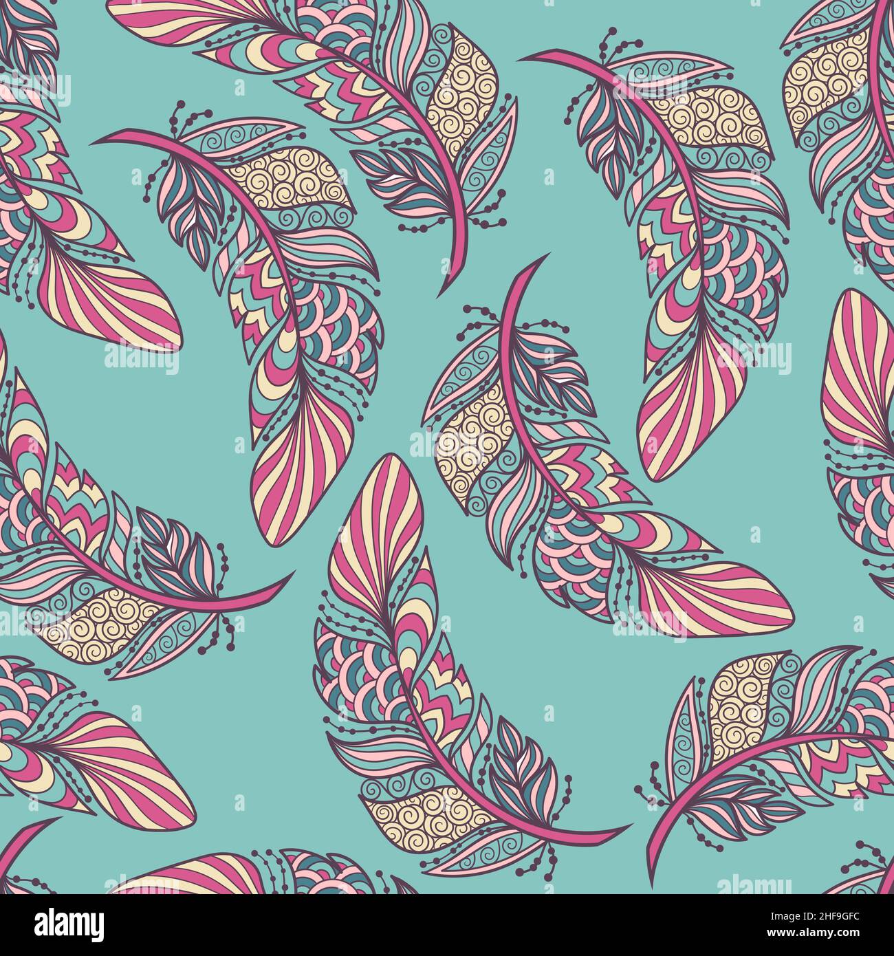 Motif vectoriel sans coutures avec de magnifiques plumes abstraites de style zénart.Pour l'impression sur tissu, papier, pour la conception de couvertures, emballages Illustration de Vecteur