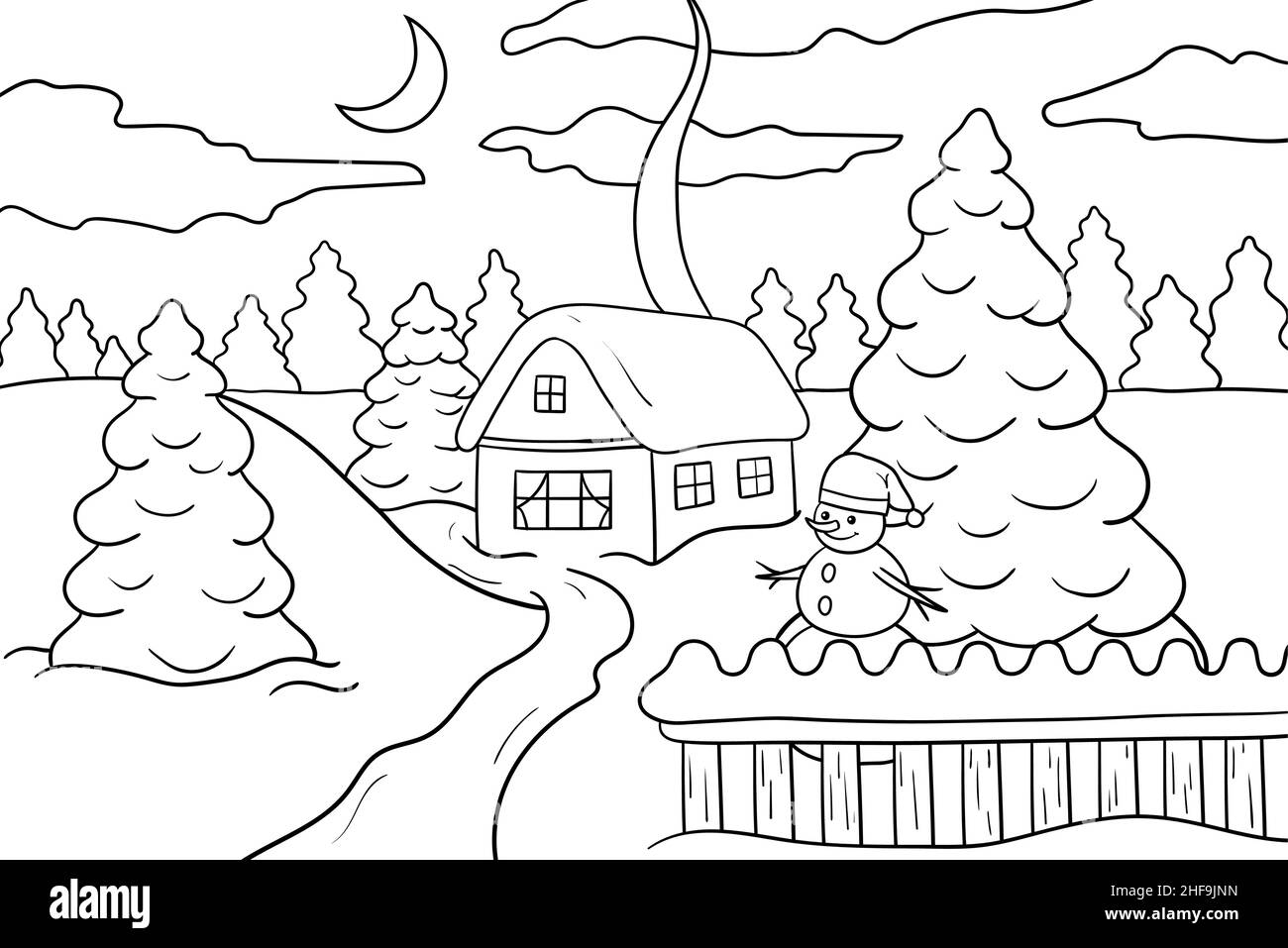Une maison dans la forêt d'hiver, des sapins et un bonhomme de neige à la clôture, page de coloriage Illustration de Vecteur