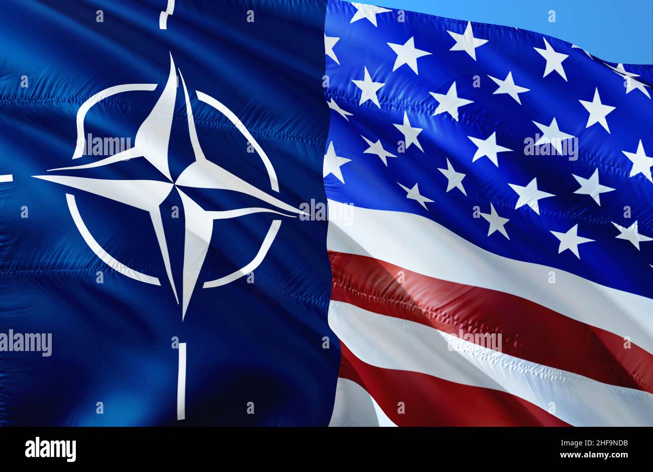 Image de l'OTAN contre le drapeau américain agitant sous le vent.Realistic  North Atlantic Treaty Organization et USA Flag background, 3D Rendering.  Military Alliance Flag Full Photo Stock - Alamy