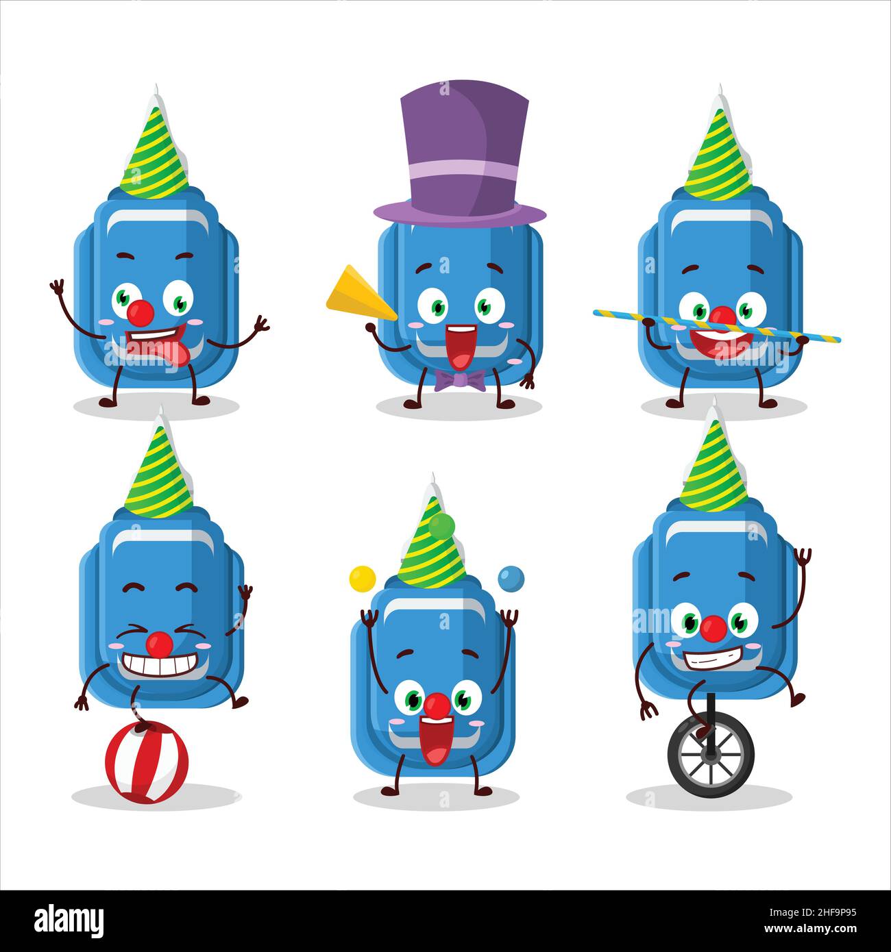 Personnage de dessin animé de stylo de correction bleu avec divers ...