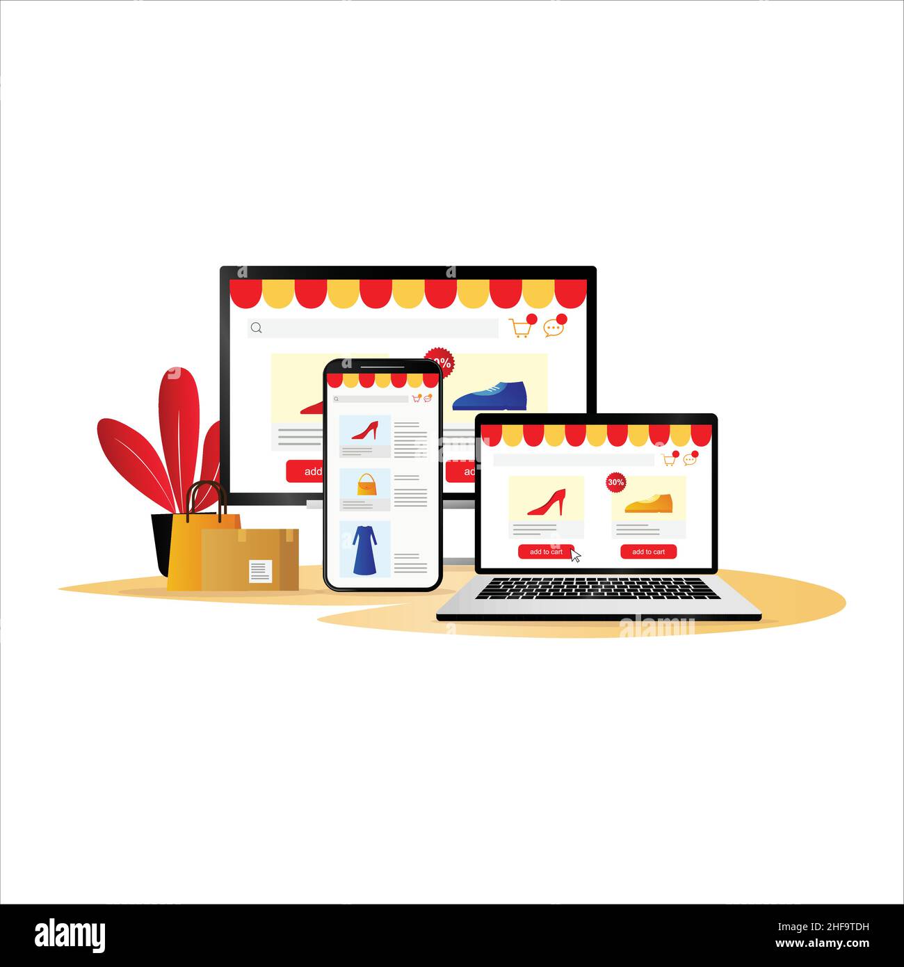 Achats en ligne via ordinateur portable, ordinateur de bureau et smartphone, marketing numérique et application Marketplace, concept d'achat d'e-commerce. Illustration de Vecteur