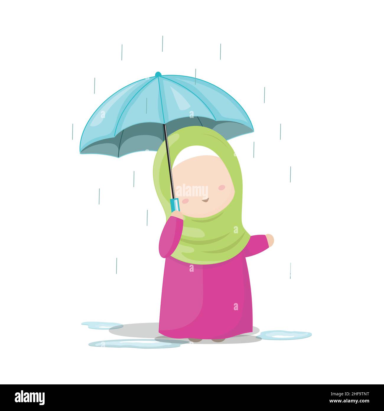 Jeune fille portant hijab avec parapluie dans la pluie, dessin animé mignon personnage vecteur illustration. Illustration de Vecteur