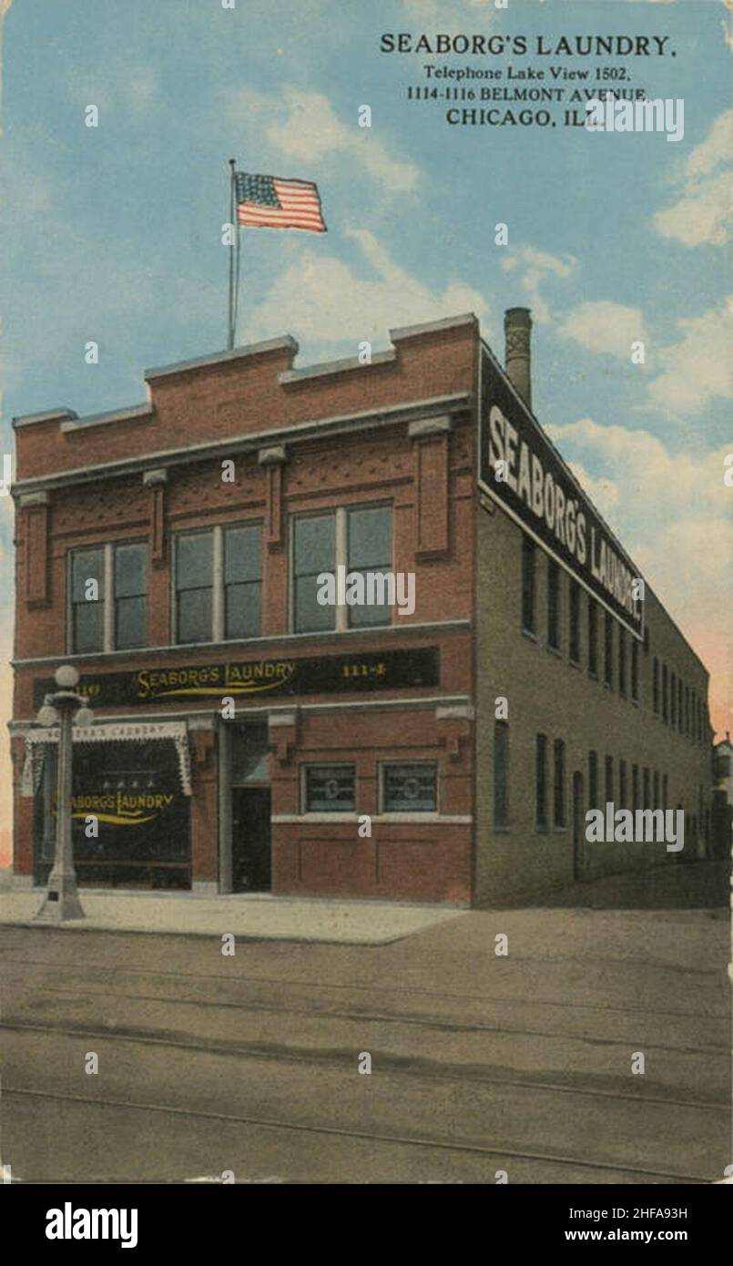 Seaborgs Laundry, téléphone Lake View 1502, 1114-1116 Belmont Avenue- Chicago, Illinois Banque D'Images