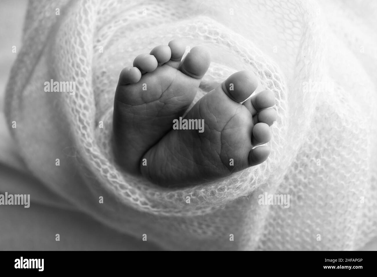 Le pied minuscule d'un nouveau-né.Pieds doux d'un nouveau-né dans une couverture.Gros plan des orteils, des talons et des pieds d'un nouveau-né. Banque D'Images
