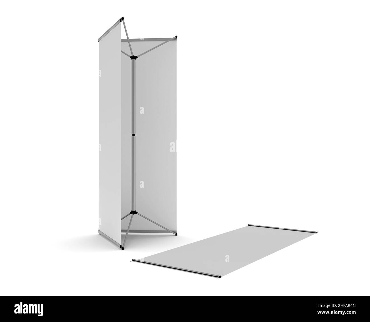Un mécanisme d'affichage de signalisation à trois bannières pour exposition avec un panneau retiré et posé à plat sur le sol.3D Illustration de rendu isolée sur un fond blanc Banque D'Images