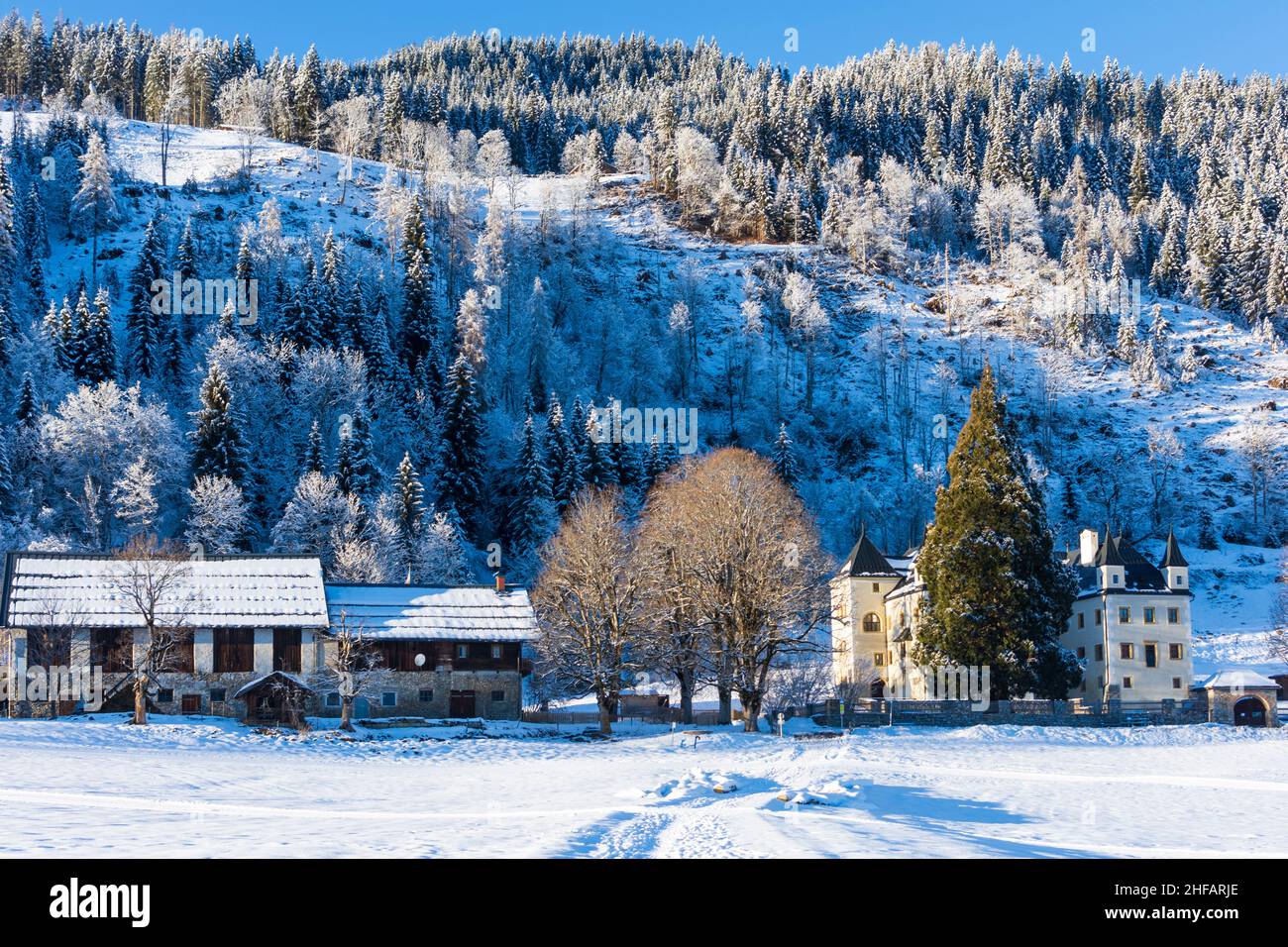 Flachau: Château de Schloss Höch, forêt, neige à Pongau, Salzbourg, Autriche Banque D'Images