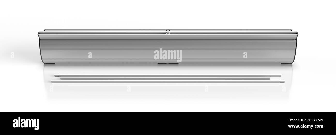 Mécanisme de base de la bannière de pullup économique, devant replié.3D effectuez un rendu de l'illustration isolé sur un arrière-plan blanc. Banque D'Images