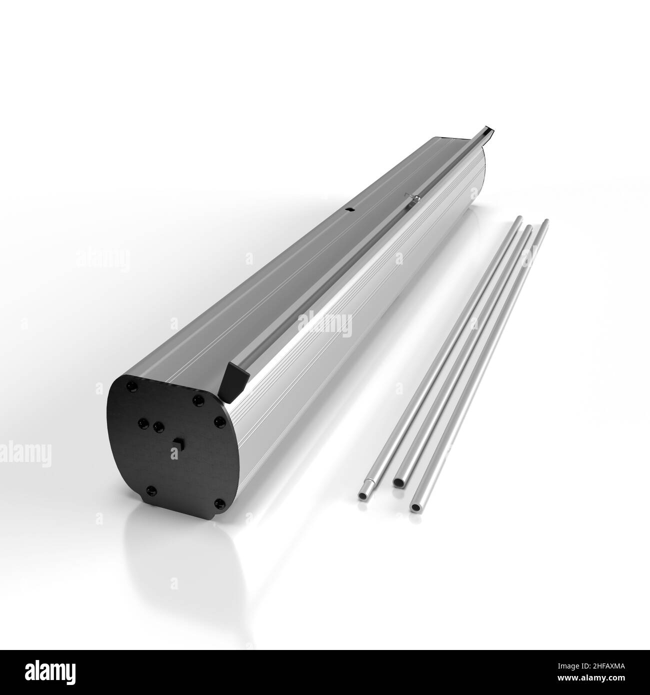 La bannière économique Pullup mécanisme de base perspective effondrée.3D effectuez un rendu de l'illustration isolé sur un arrière-plan blanc. Banque D'Images