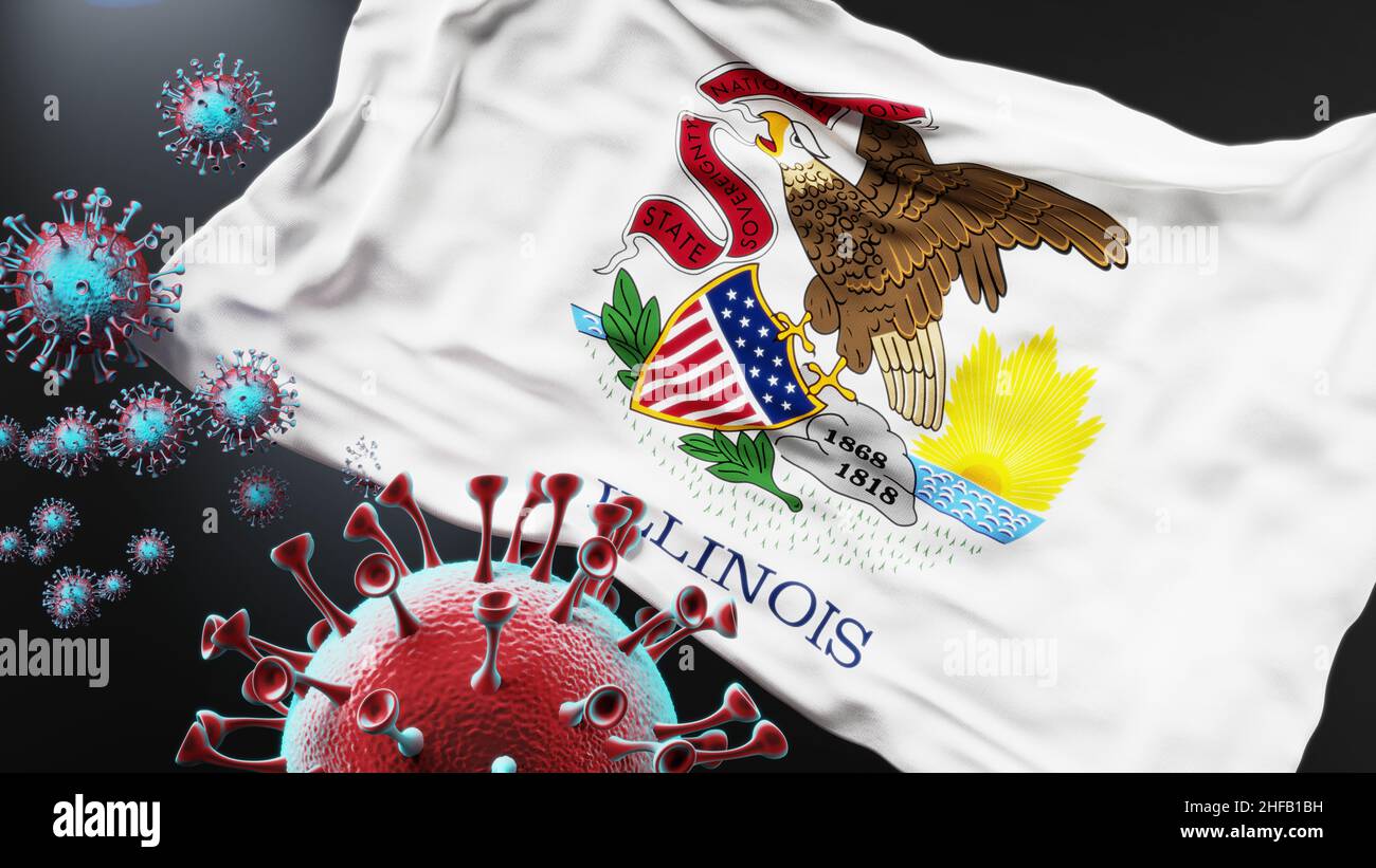 L'Illinois et la pandémie de covid - le virus attaquant un drapeau d'État de l'Illinois comme symbole d'une lutte et d'une lutte contre la pandémie de virus dans cet état, 3D i Banque D'Images