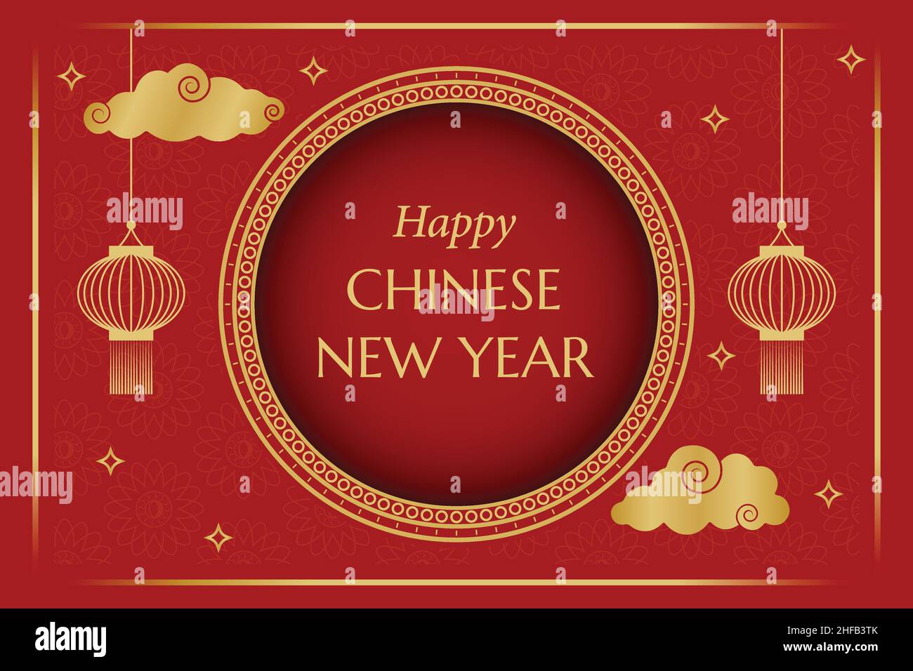 Joyeux nouvel an chinois papier peint traditionnel chinois doré rouge cadre accueil avec lanternes et nuages Illustration de Vecteur
