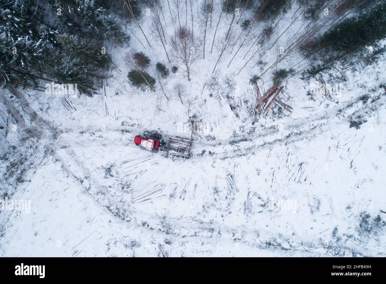 Une vue aérienne d'une petite zone dégagée après la déforestation avec un transitaire rouge collectant du bois le jour d'hiver dans la forêt européenne, Estonie. Banque D'Images