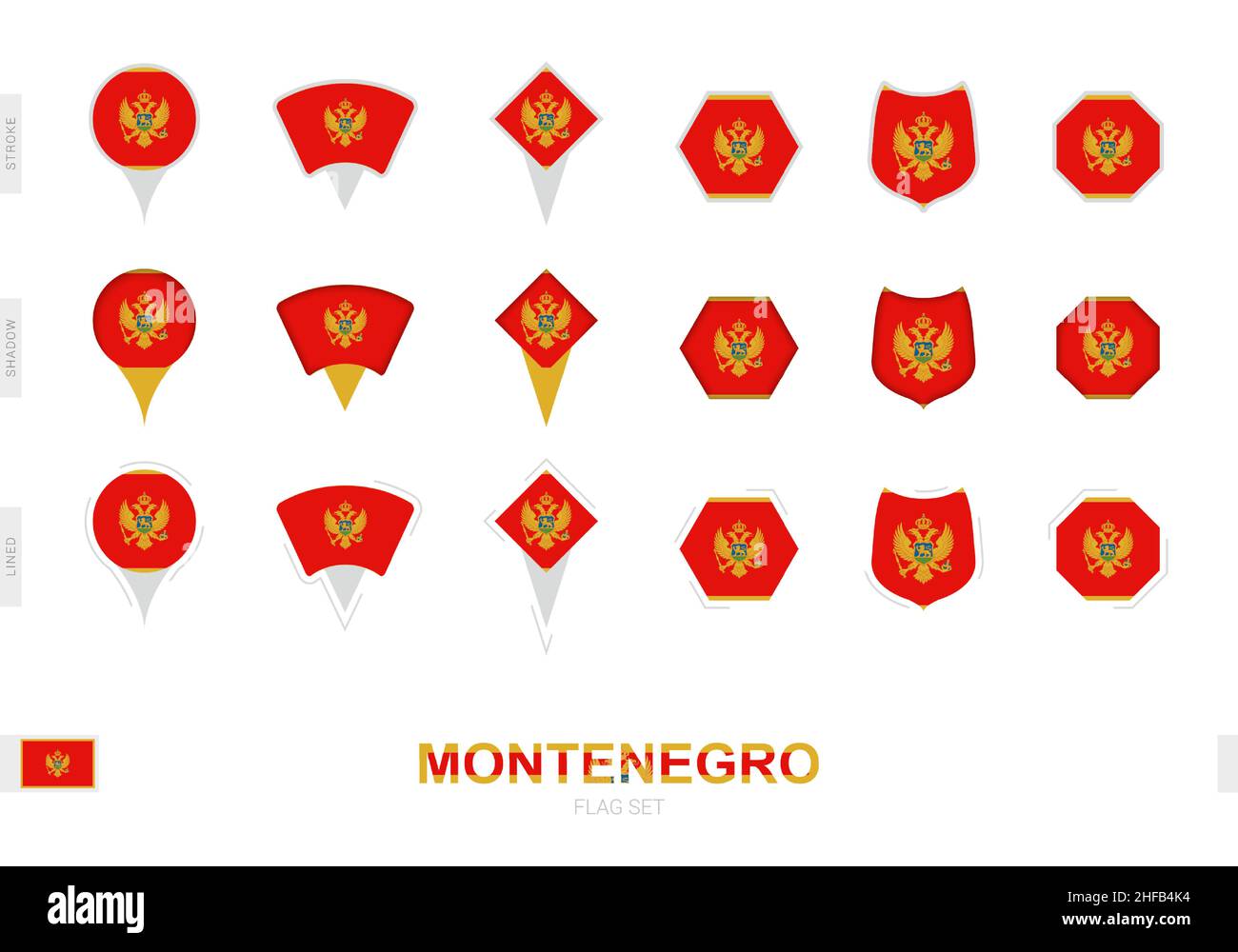 Collection du drapeau du Monténégro sous différentes formes et avec trois effets différents.Ensemble d'indicateurs vectoriels. Illustration de Vecteur