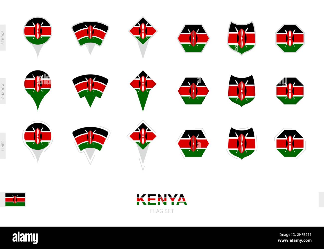 Collection du drapeau du Kenya dans différentes formes et avec trois effets différents.Ensemble d'indicateurs vectoriels. Illustration de Vecteur