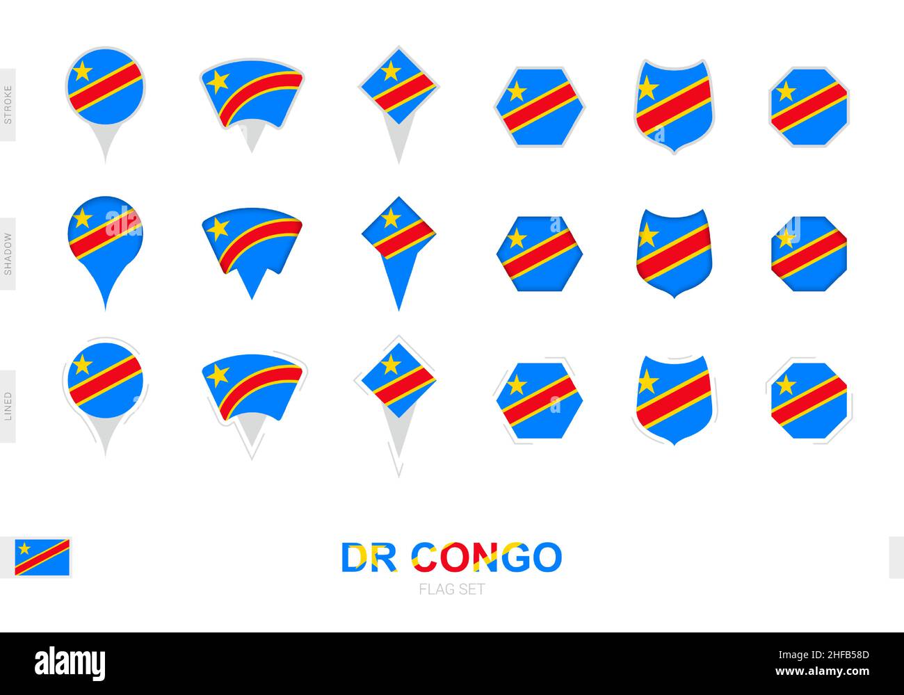 Collection du drapeau de la RD Congo sous différentes formes et avec trois effets différents.Ensemble d'indicateurs vectoriels. Illustration de Vecteur