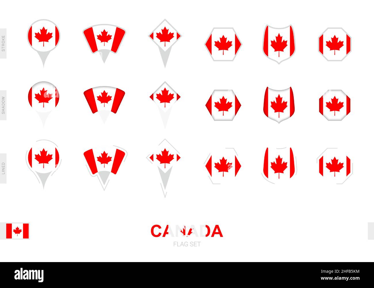 Collection du drapeau du Canada sous différentes formes et avec trois effets différents.Ensemble d'indicateurs vectoriels. Illustration de Vecteur