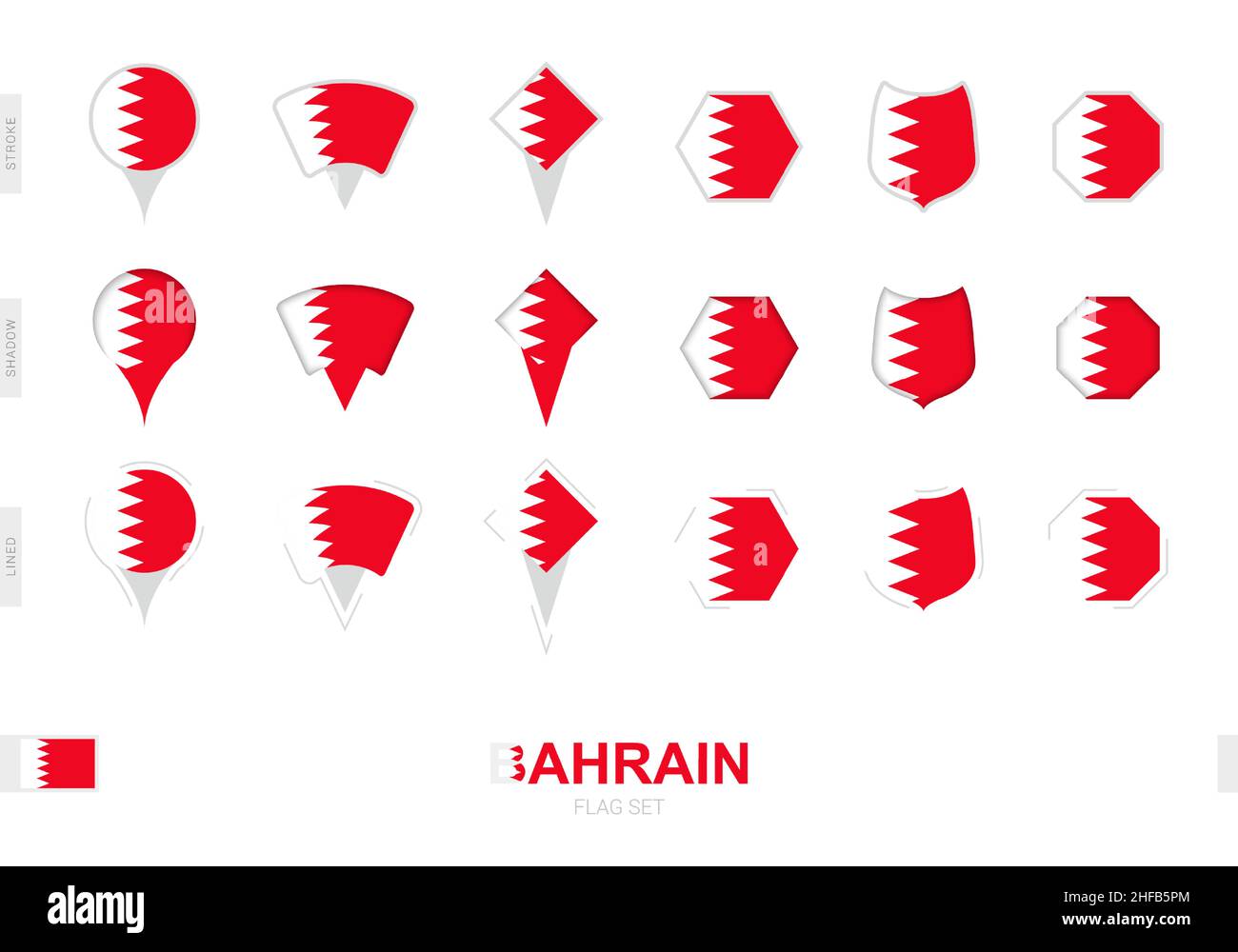 Collection du drapeau de Bahreïn sous différentes formes et avec trois effets différents.Ensemble d'indicateurs vectoriels. Illustration de Vecteur