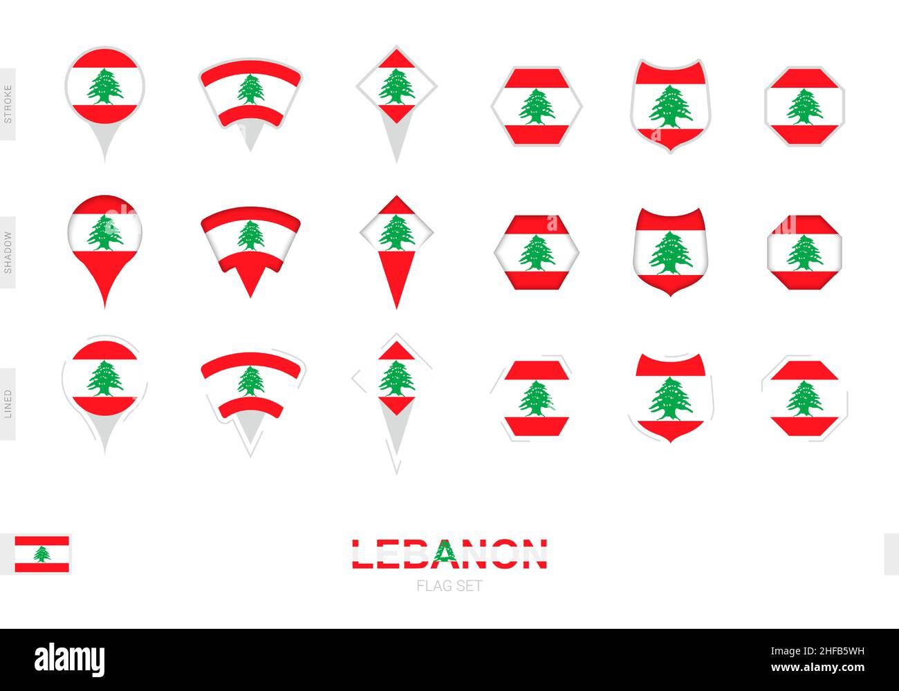 Collection du drapeau libanais de formes différentes et avec trois effets différents.Ensemble d'indicateurs vectoriels. Illustration de Vecteur