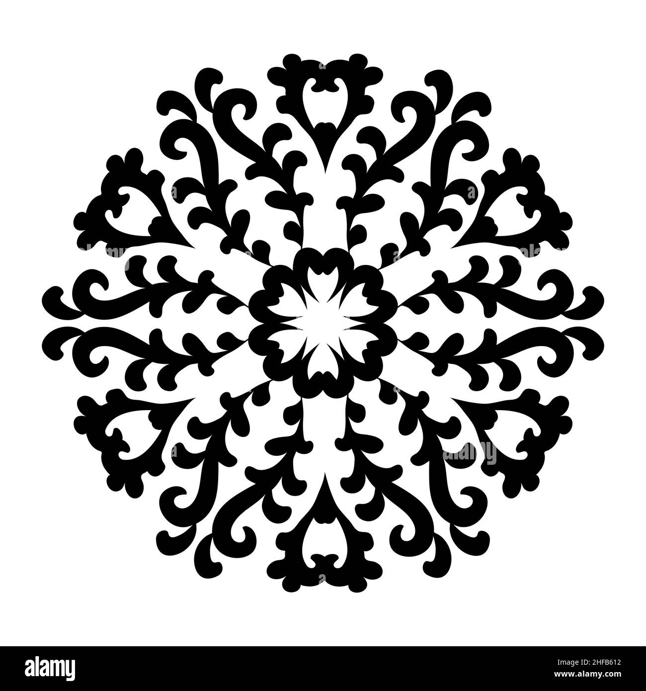 Mandala à fleurs rondes avec volutes.Décoration circulaire de style oriental.Répétition circulaire vectorielle.Noir et blanc. Illustration de Vecteur