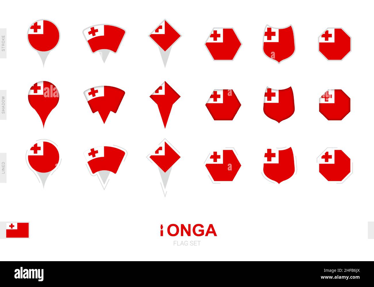 Collection du drapeau des Tonga dans différentes formes et avec trois effets différents.Ensemble d'indicateurs vectoriels. Illustration de Vecteur