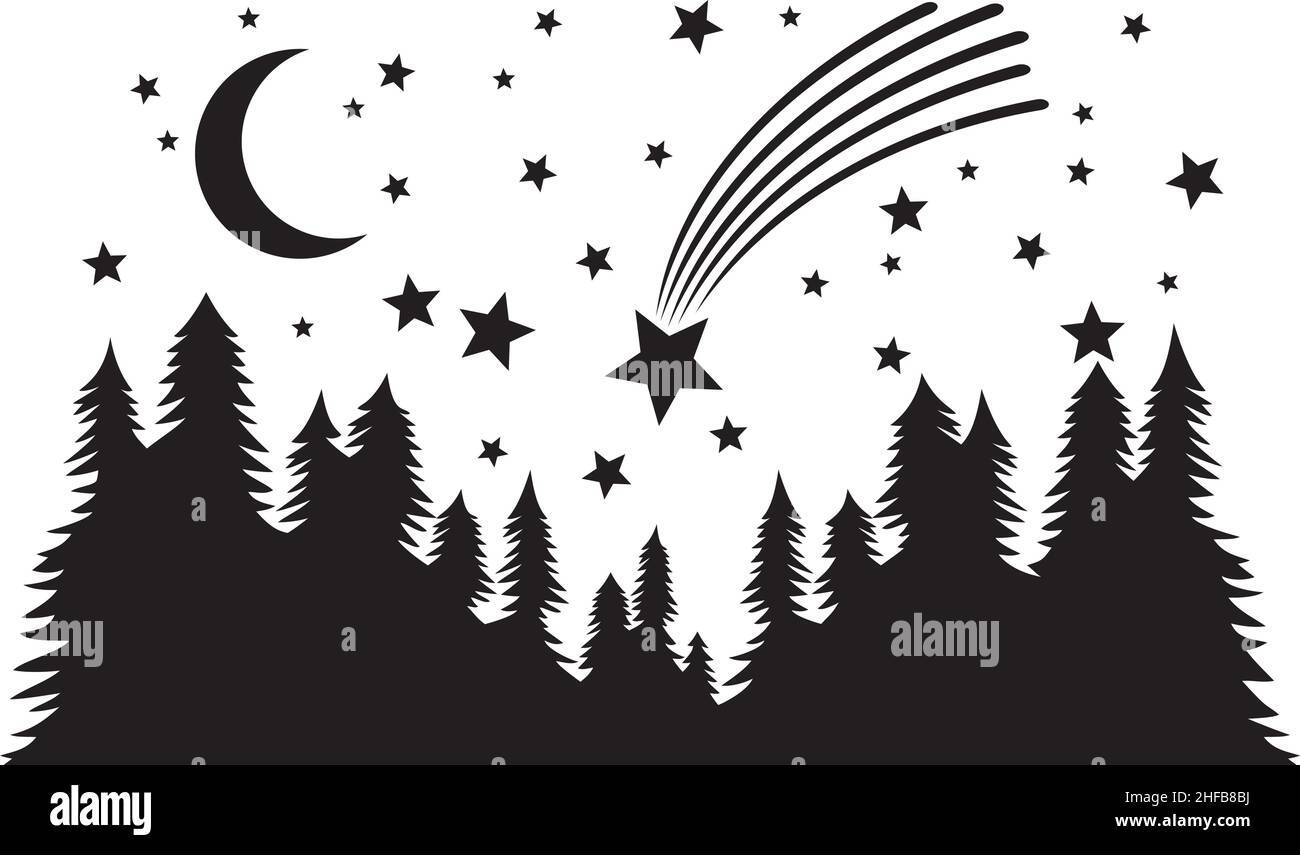Nuit étoilée. Forêt, lune de nuit et chute ou prise de vue en étoile vecteur de silhouette d'arrière-plan. Illustration de Vecteur
