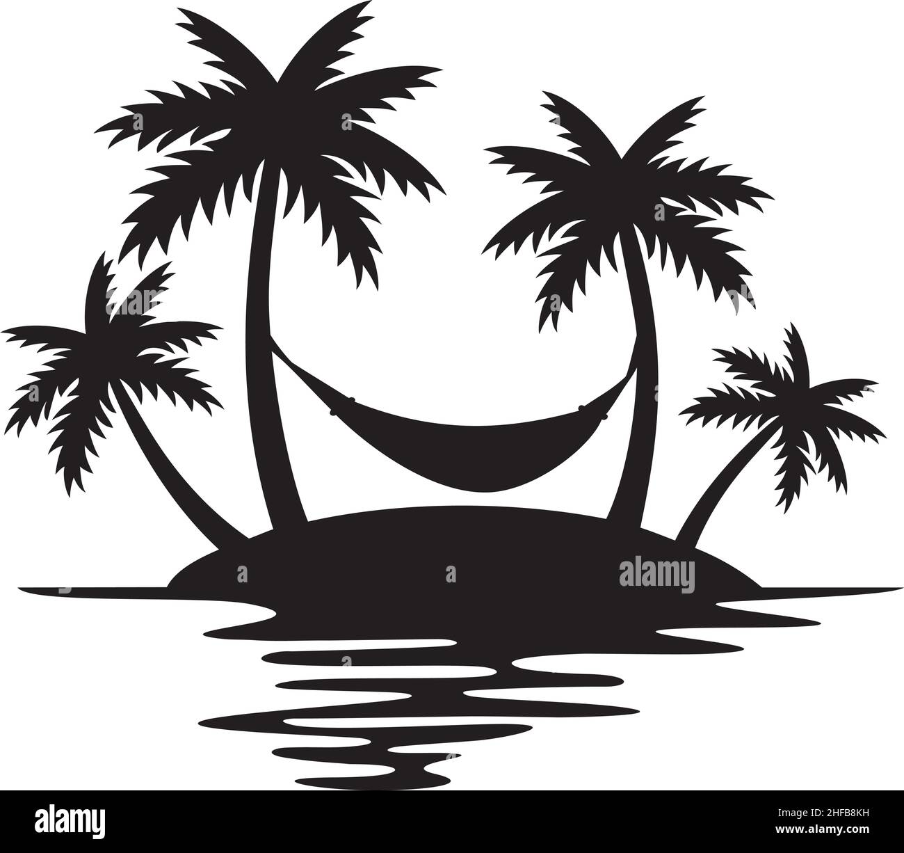 Île tropicale, palmiers et hamac (Design d'été, Silhouette de plage). Illustration vectorielle Illustration de Vecteur