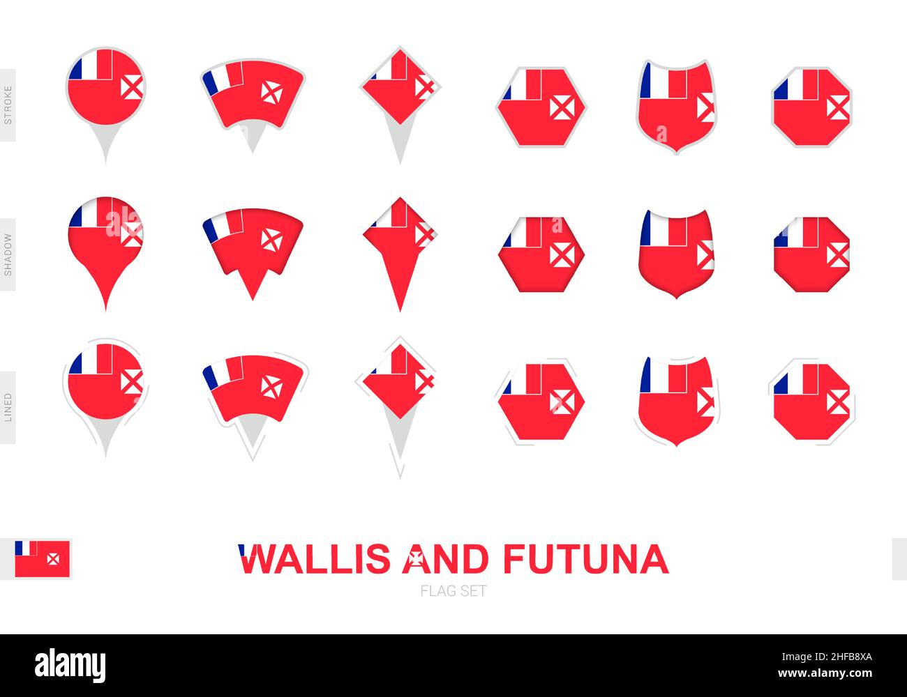 Collection du drapeau Wallis et Futuna de différentes formes et avec trois effets différents.Ensemble d'indicateurs vectoriels. Illustration de Vecteur