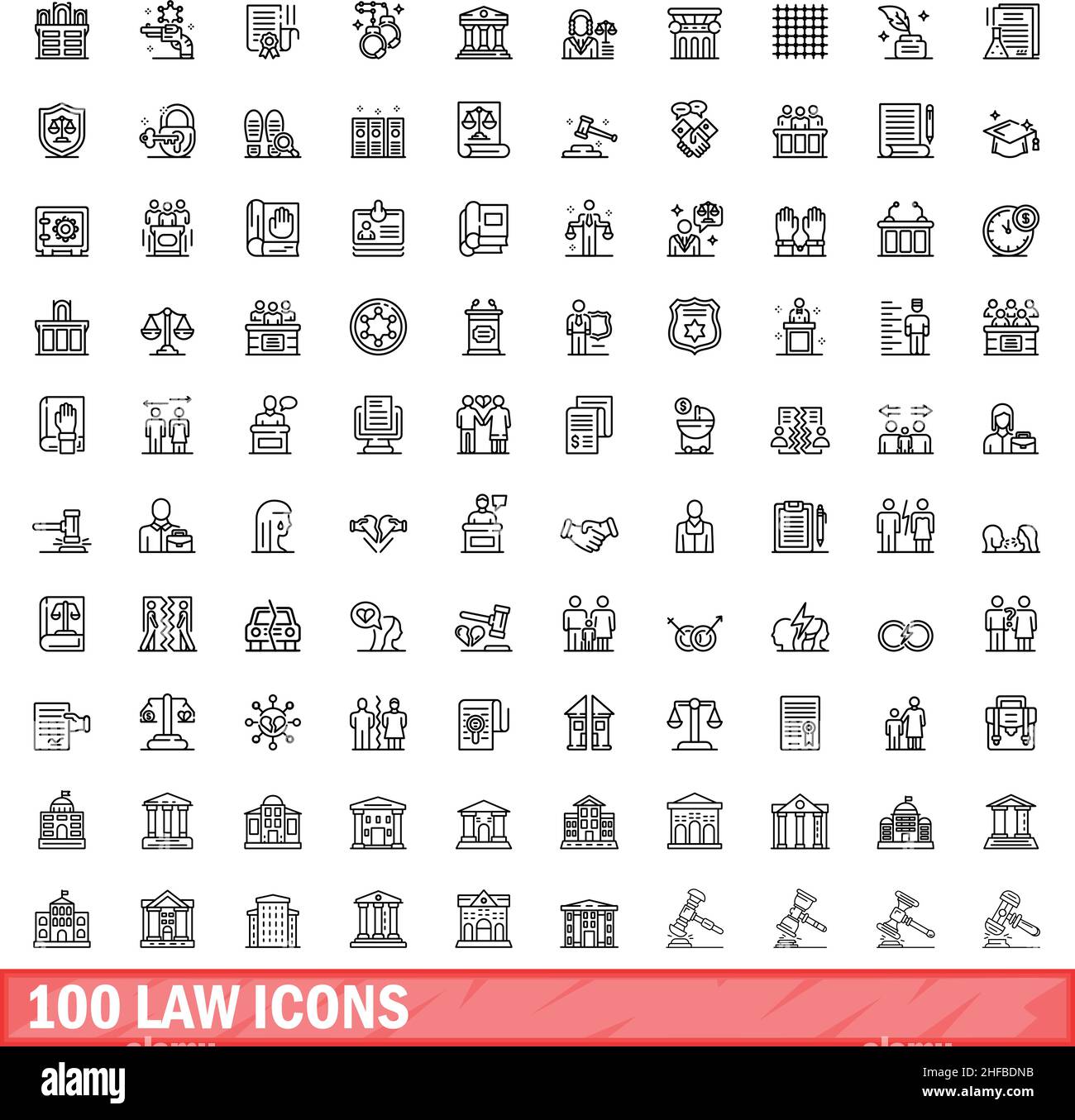 100 icônes de loi définies.Illustration de 100 icônes de loi ensemble de vecteurs isolé sur fond blanc Illustration de Vecteur