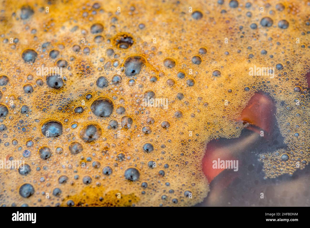 Bulles de gaz du peroxyde d'hydrogène / H2O2 en présence d'acide doux travaillant sur l'acier rouillé.Pour la réaction chimique, la décomposition, la chimie scolaire. Banque D'Images