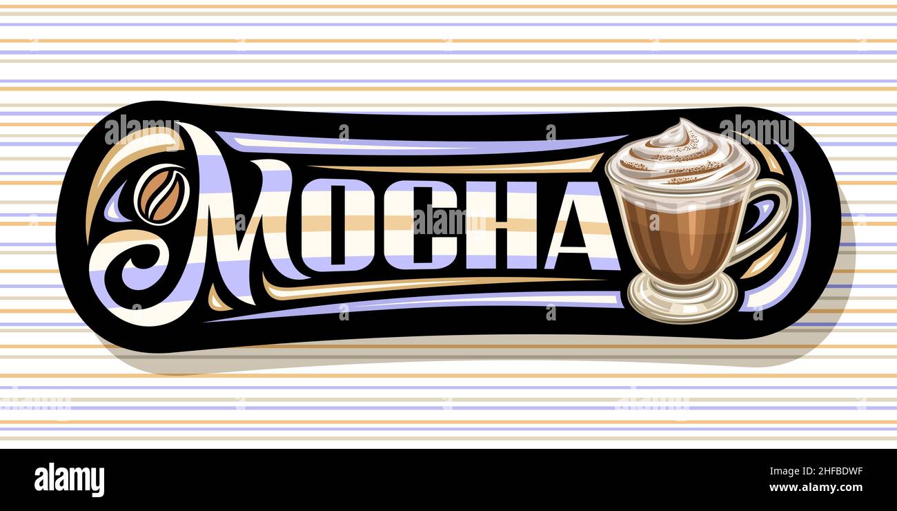 Bannière vectorielle pour café Mocha, illustration d'une tasse en verre avec boisson au café classique et dessert, panneau d'affichage décoratif sombre pour c Illustration de Vecteur
