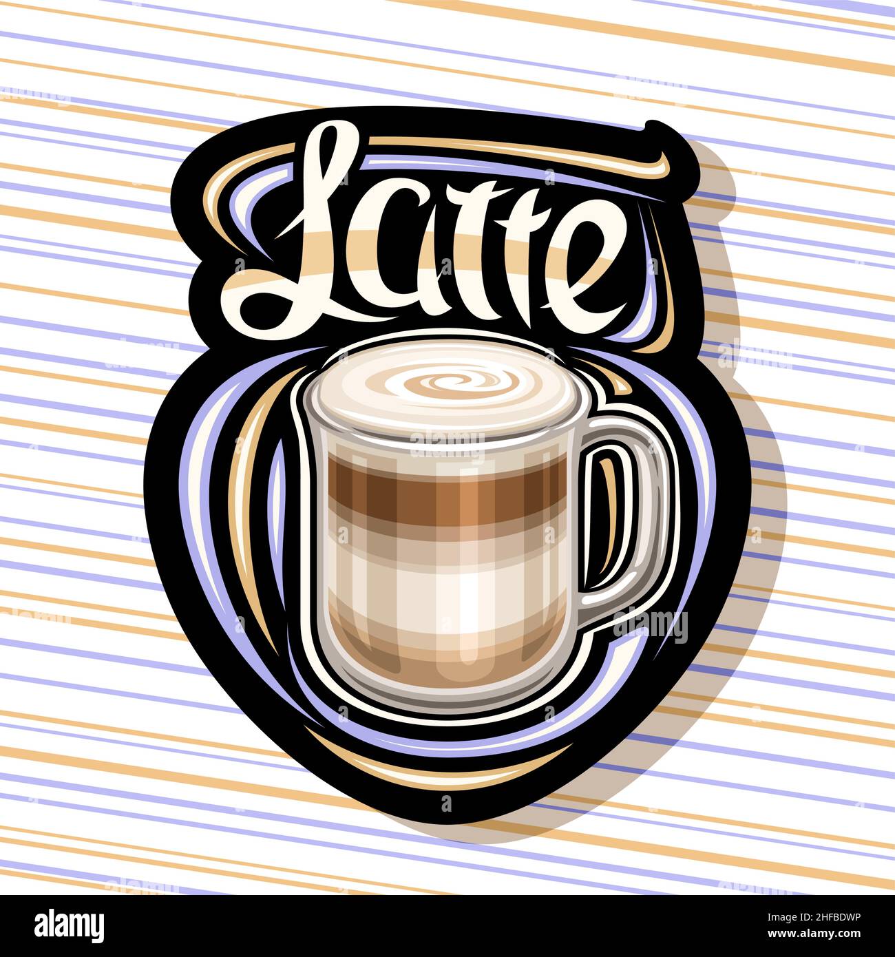 Logo Vector pour Latte Coffee, illustration d'une tasse en verre avec dessert de café en couches et mousse laiteuse fouettée, panneau d'affichage décoratif foncé pour le coff Illustration de Vecteur