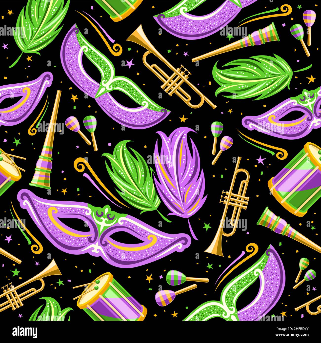 Vector Carnival modèle sans couture, fond carré répétitif avec plumes décoratives vertes, masque de venise violet, instrument de musique, illustrateur isolé Illustration de Vecteur