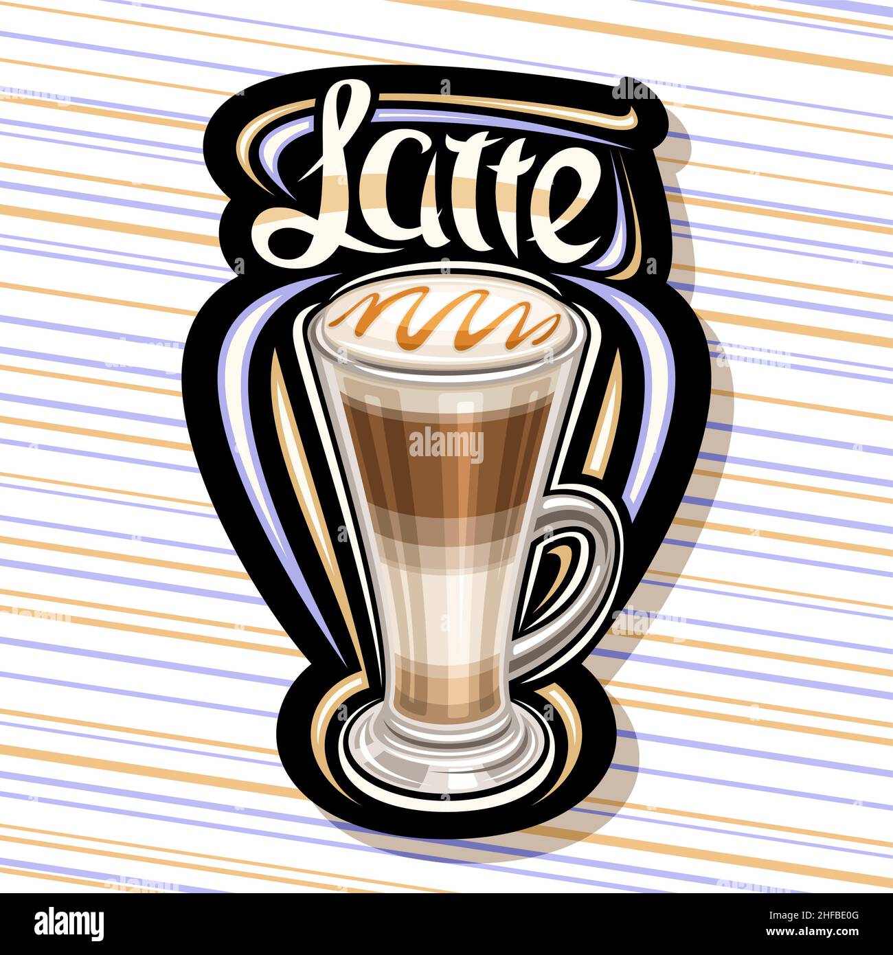 Logo Vector pour Latte Coffee, illustration d'une seule tasse transparente avec dessert de café en couches et mousse laiteuse fouettée, panneau d'affichage décoratif foncé pour le coff Illustration de Vecteur