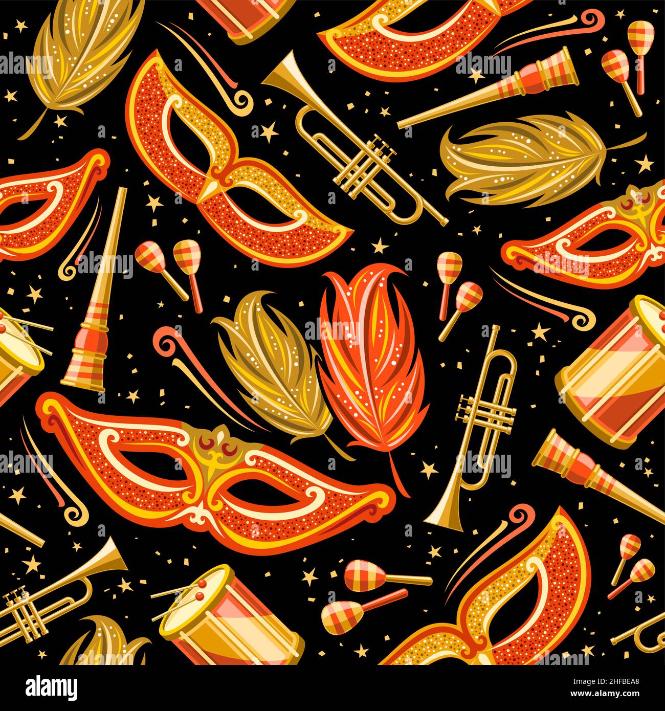 Vector Carnaval sans couture motif, fond carré répétitif avec plume décorative dorée, masque orange de venise, instrument de musique, illustr isolé Illustration de Vecteur