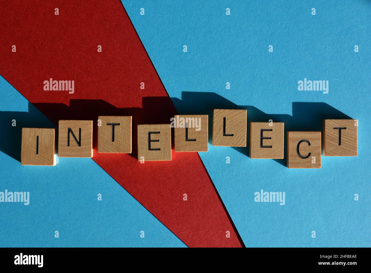 Intellect, mot en lettres de l'alphabet de bois isolées sur fond rouge et bleu Banque D'Images
