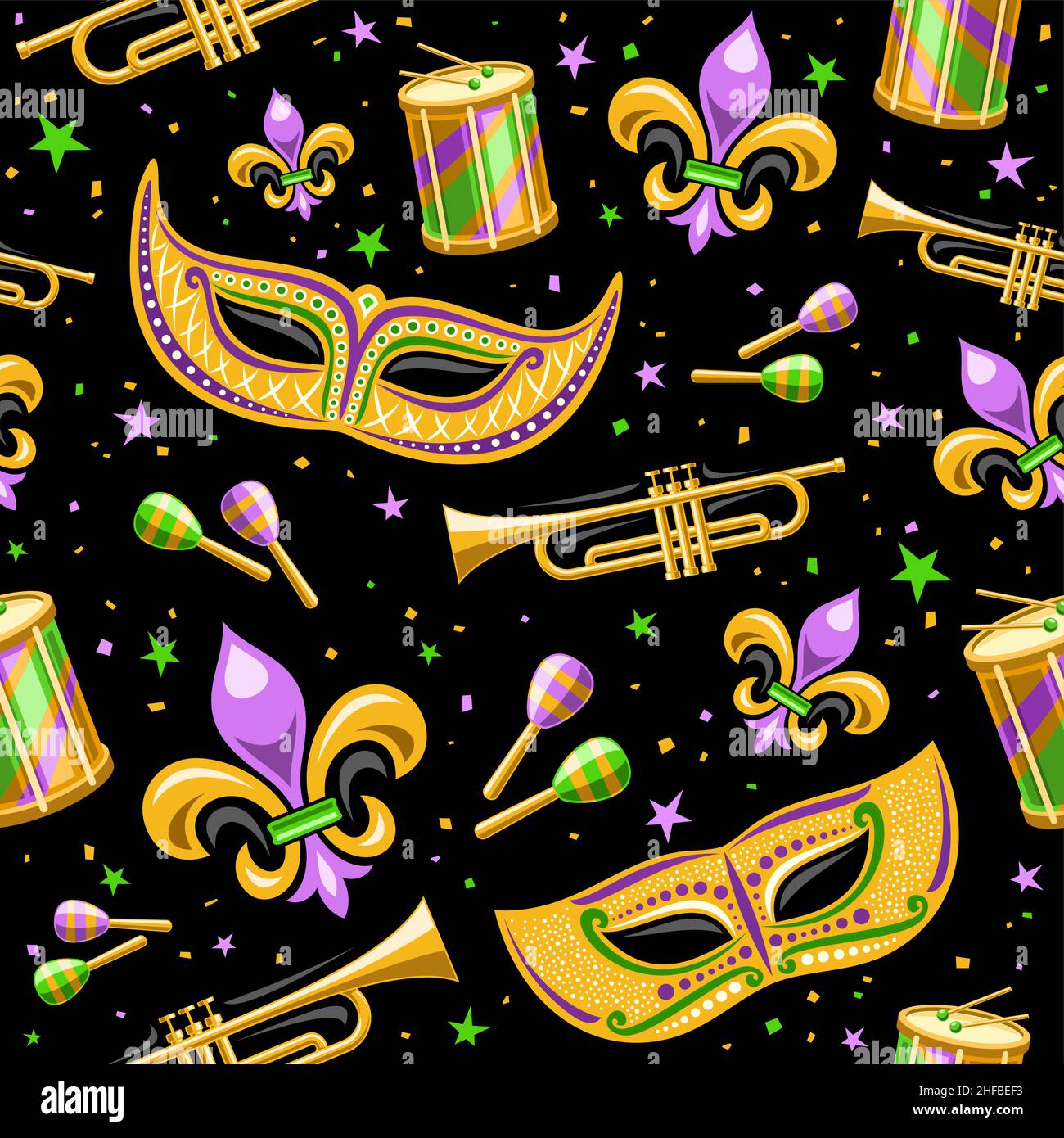 Vector Mardi gras sans couture motif, fond carré répété avec étoiles décoratives, masque de venise jaune, instruments de musique de rue, découpés illustrat Illustration de Vecteur
