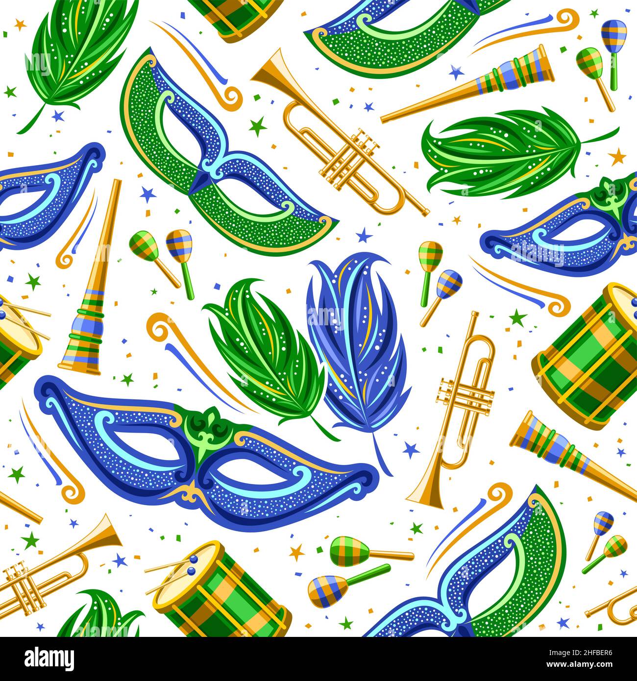 Vector Carnaval sans couture motif, fond carré répété avec plumes décoratives vertes, masque de venise bleu, instruments de musique, illustrateur isolé Illustration de Vecteur