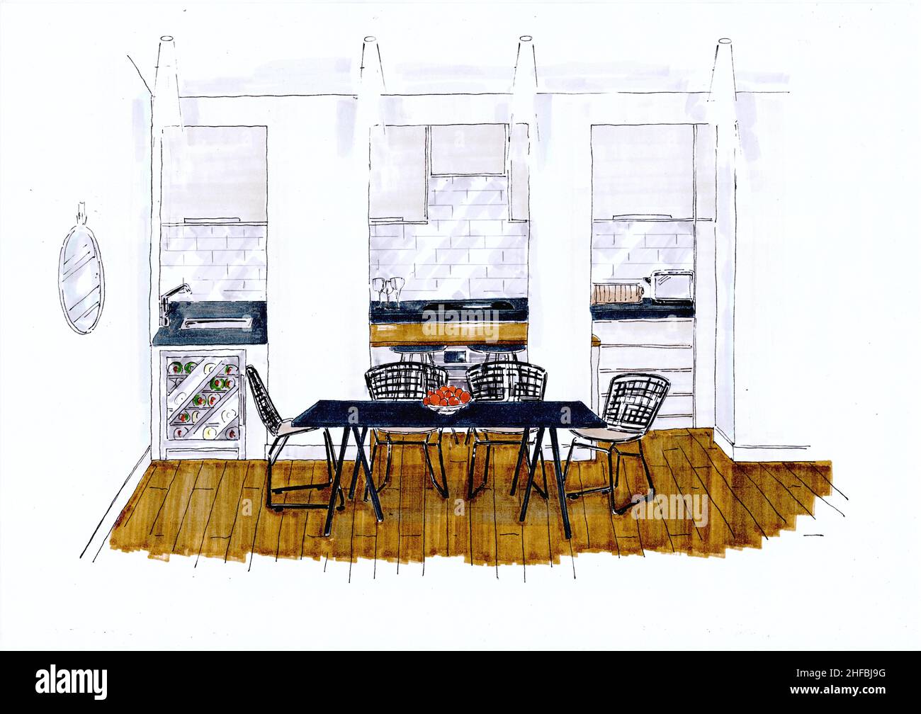 Esquisse de la cuisine/salle à manger meublée dans un style contemporain. Banque D'Images
