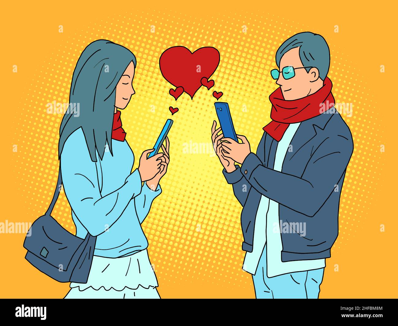 amour valentine coeur rouge un couple d'un homme et une femme avec des téléphones, dépendance sur les réseaux sociaux en ligne Illustration de Vecteur