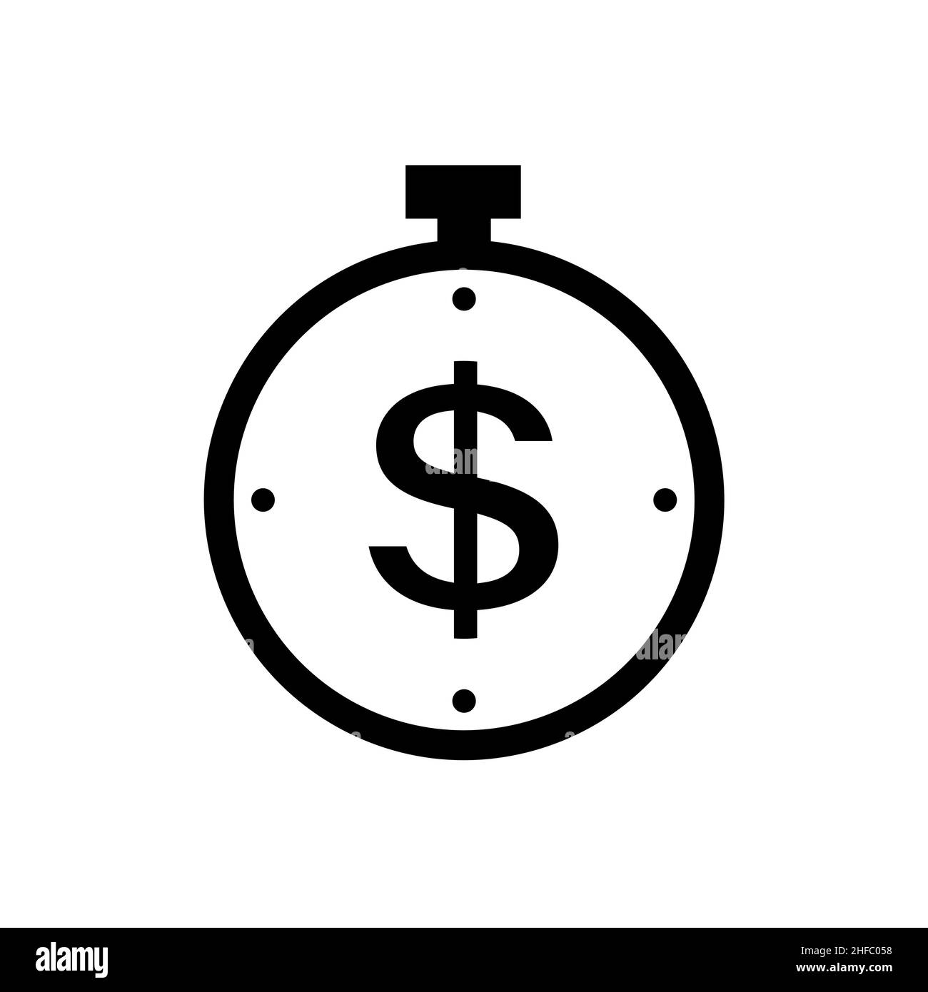 Chronomètre avec symbole dollar en forme de plat.Symbole de transaction ou de transfert d'argent rapide isolé sur blanc.Simple icône de paiement en noir le temps est l'argent Illustration de Vecteur