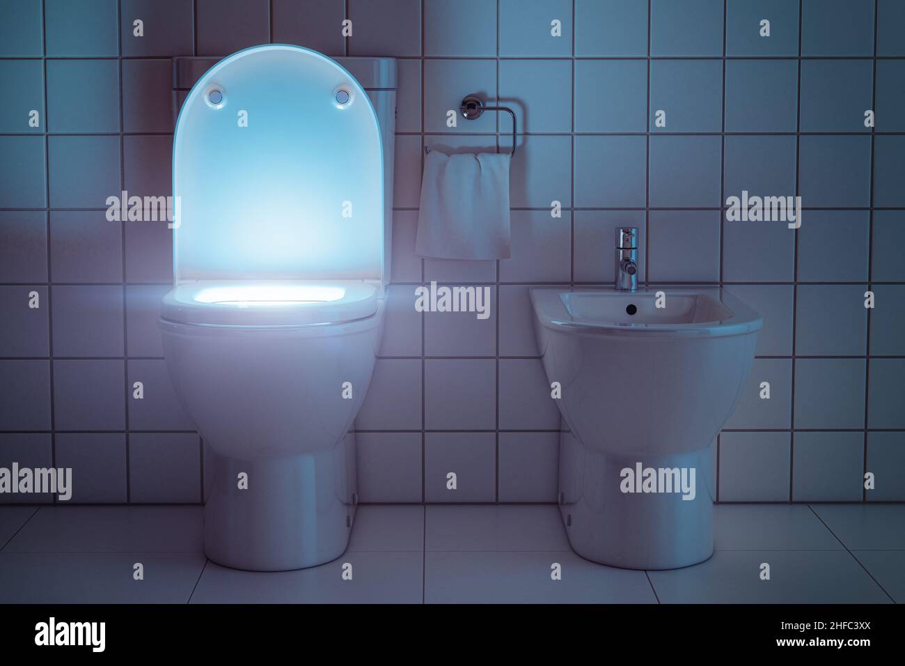 Lumière mystérieuse de la cuvette de toilette la nuit.Concept de salle de  bains effrayant pour halloween.3d illustration Photo Stock - Alamy