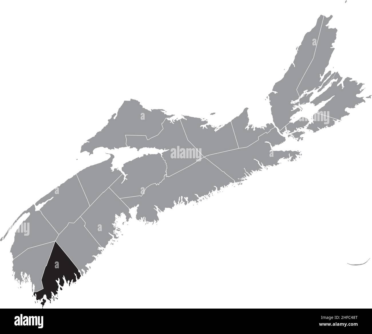 Carte d'emplacement du COMTÉ DE SHELBURNE à l'intérieur de la carte administrative grise des comtés de la province canadienne de la Nouvelle-Écosse, Cana Illustration de Vecteur