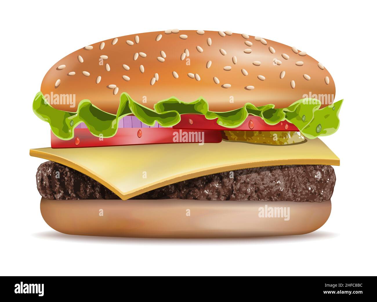 Hamburger.Hamburger classique.Cheeseburger américain avec laitue tomate oignon fromage bœuf et sauce gros plan isolé sur fond blanc.Restauration rapide Illustration de Vecteur