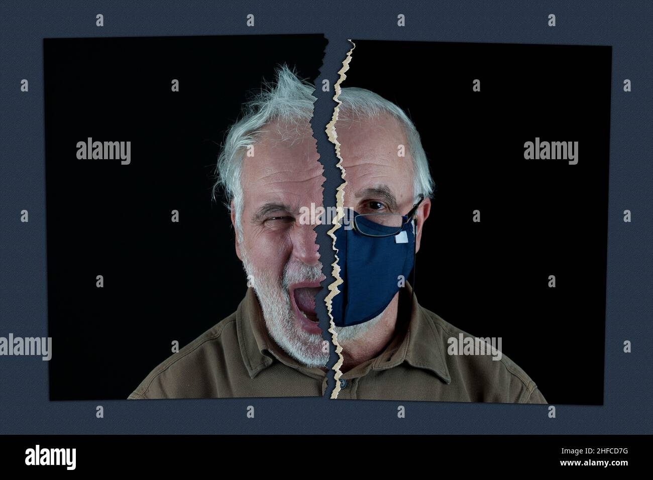 Société divisée.Image portrait d'un homme au visage normal et en colère déchiré en deux. Banque D'Images
