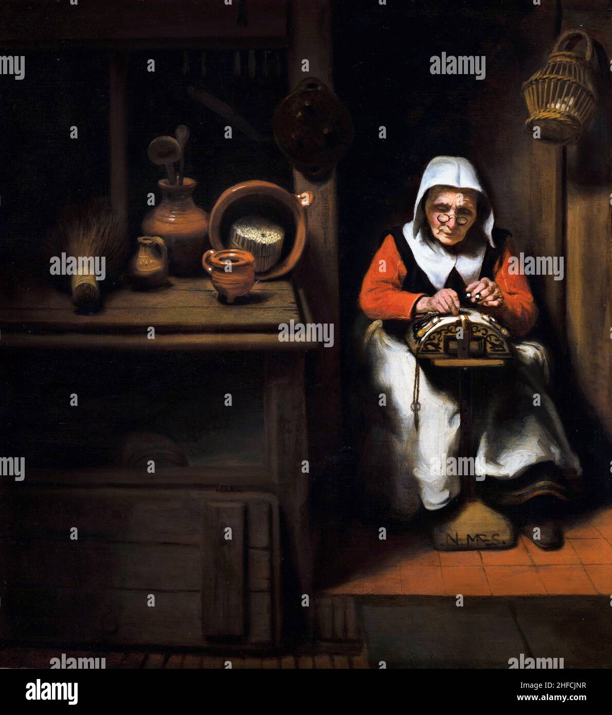 L'ancien Lacemaker par l'artiste néerlandais Nicolaes Maes (1634-1693), huile sur toile, c.1656 Banque D'Images