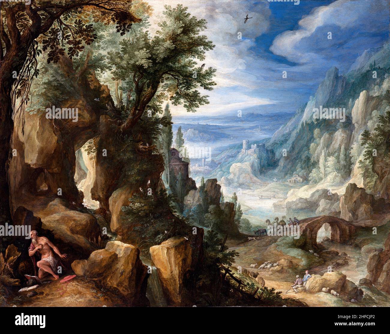Paysage montagneux avec Saint Jérôme par l'artiste flamand Paul Bril (1554-1626), huile sur cuivre sur panneau, 1592 Banque D'Images