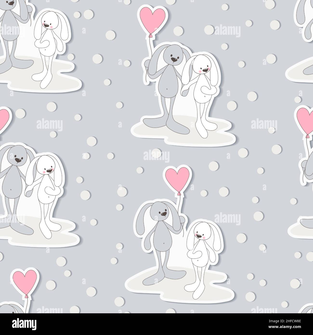 Motif sans couture avec lapins et coeurs amusants sur fond gris.Style Doodle. Illustration de Vecteur