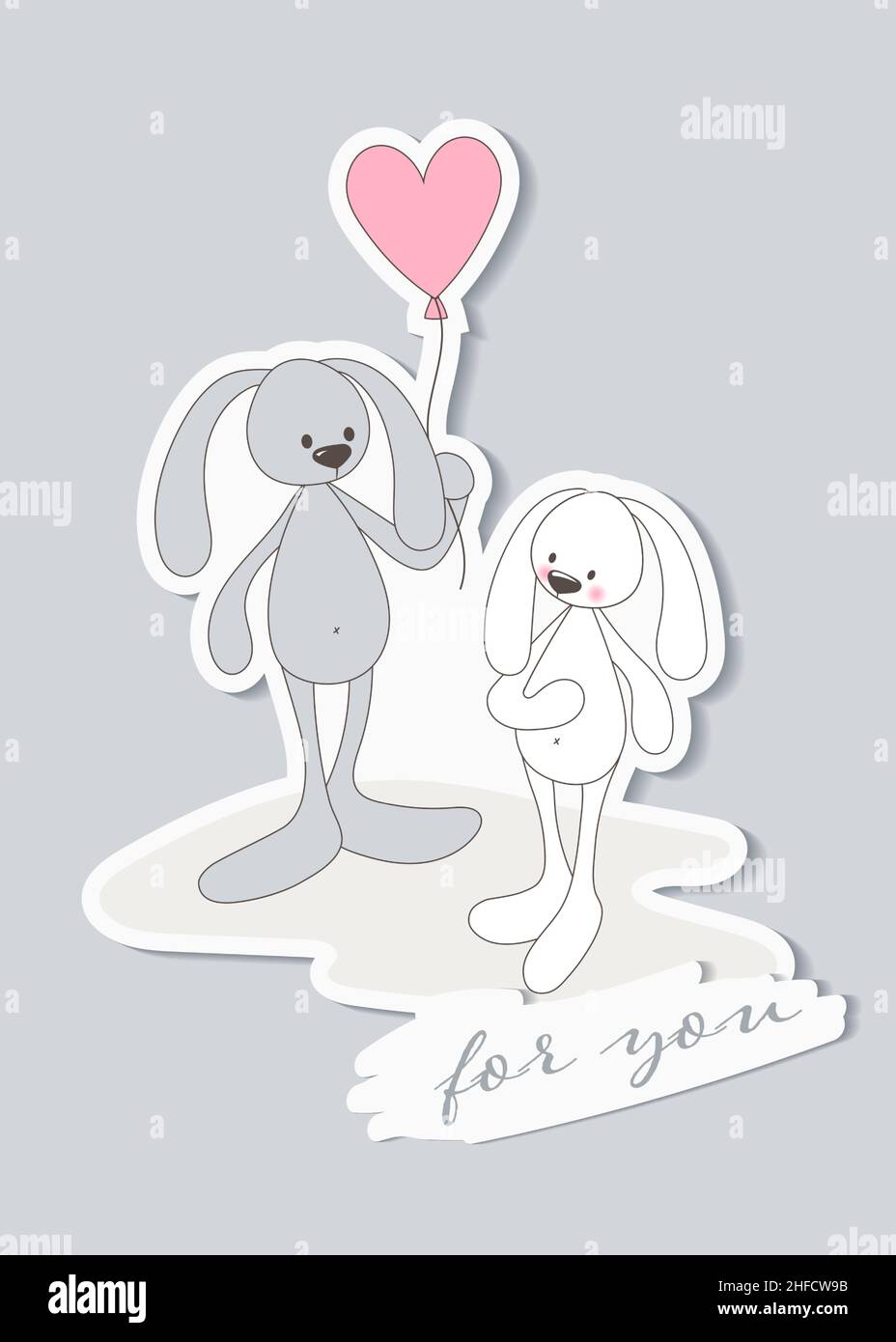 Illustration romantique pour la Saint-Valentin.Petits lapins mignons avec un ballon en forme de cœur.Illustration vectorielle. Illustration de Vecteur