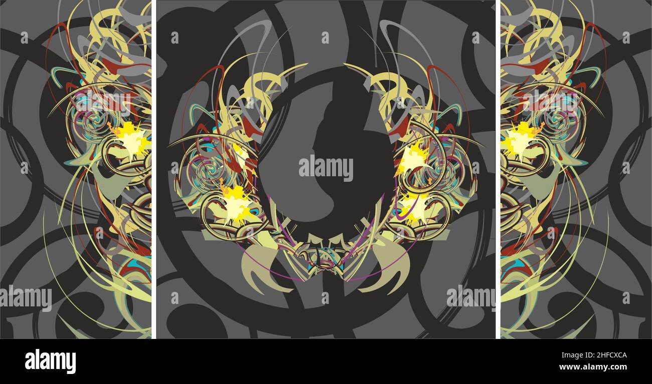 Cadre lumineux sur fond sombre pour des compositions créatives.Triptyque - lignes intertissées sous forme de plantes pour les fonds et les textures Banque D'Images