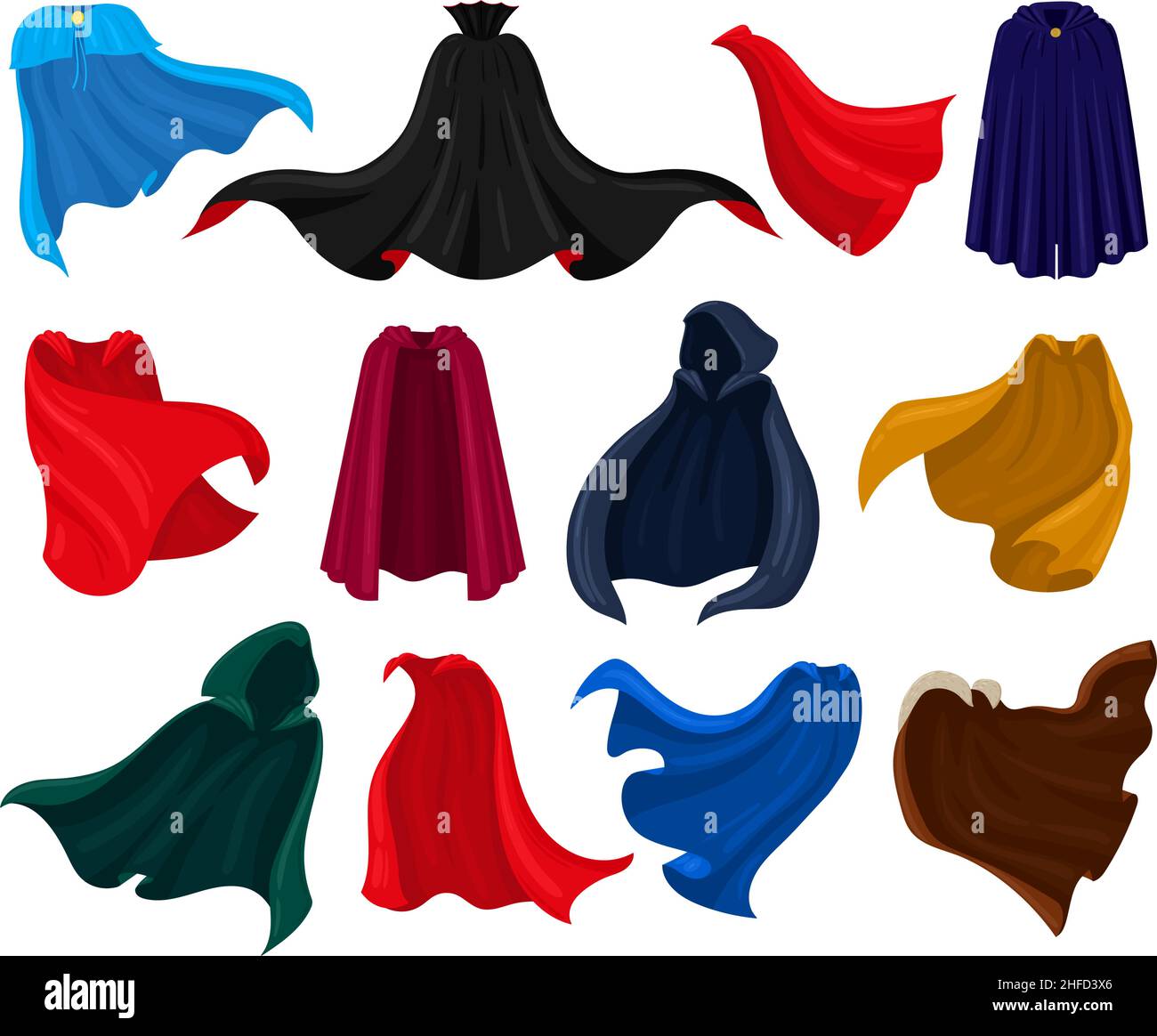 Capes, manteau et capes en toile de conte de fées ou superhéros de dessin animé.Super héros camoufle et mantles scénario isolé jeu d'illustrations.Costume de héros Illustration de Vecteur